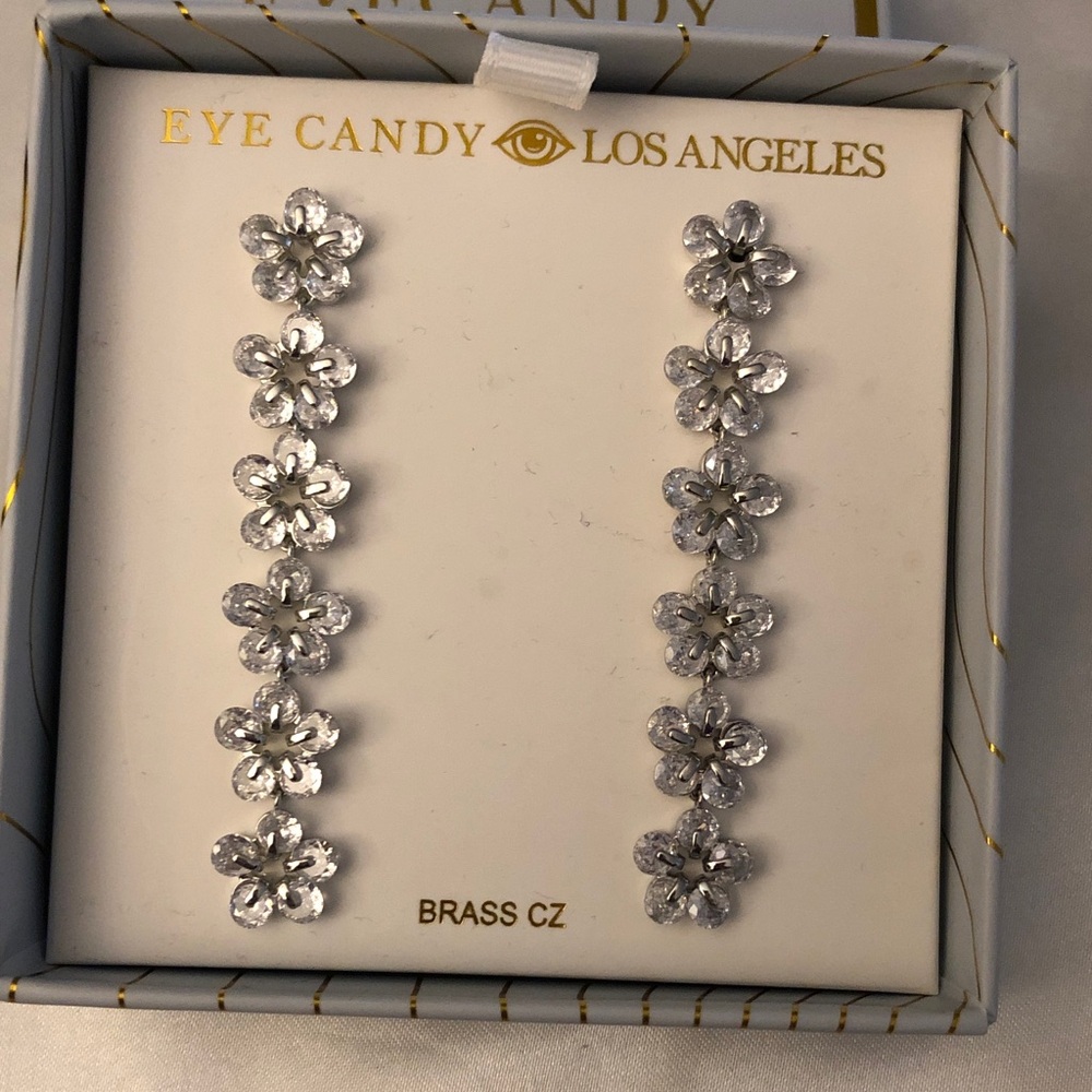 Eye Candy Los Angeles Silver Tone Linear Floral Drop Earrings CZ Accents NIB
